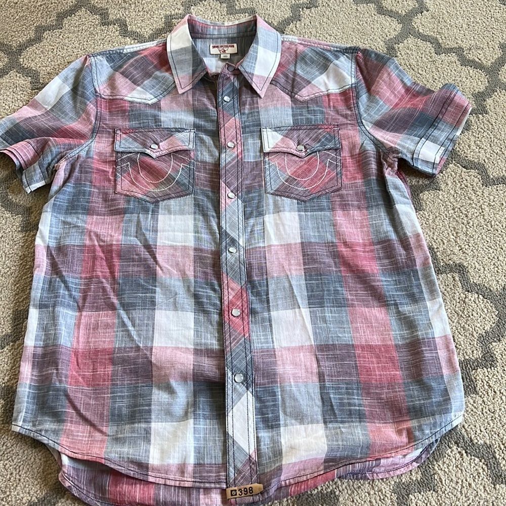 True Religion Western Woven Short Sleeve Button Shirt size L EUC